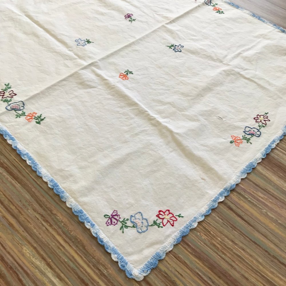 Hand Embroidered Square Tablecloth Vtg Blue Crochet Trim 34x37" FLAWED